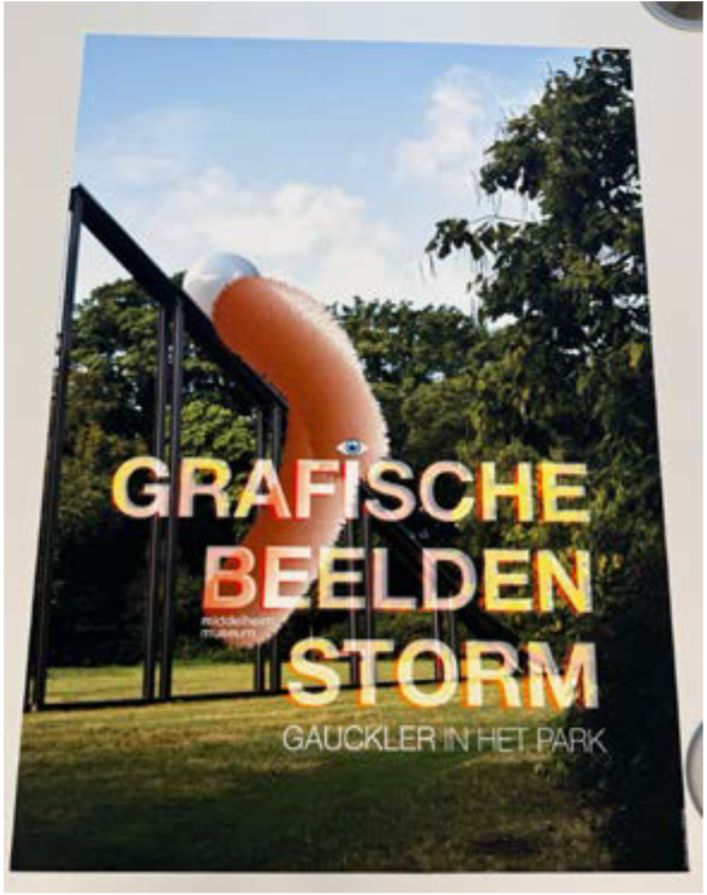 Affiche Grafische Beelden Storm met een foto van een park en een grote oranje worstvormige sculptuur.