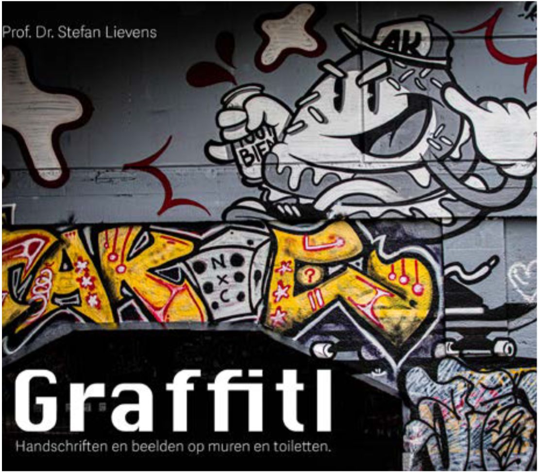 Graffiti-gerelateerde poster met een getagde muur en een figuurtje met spuitbus.