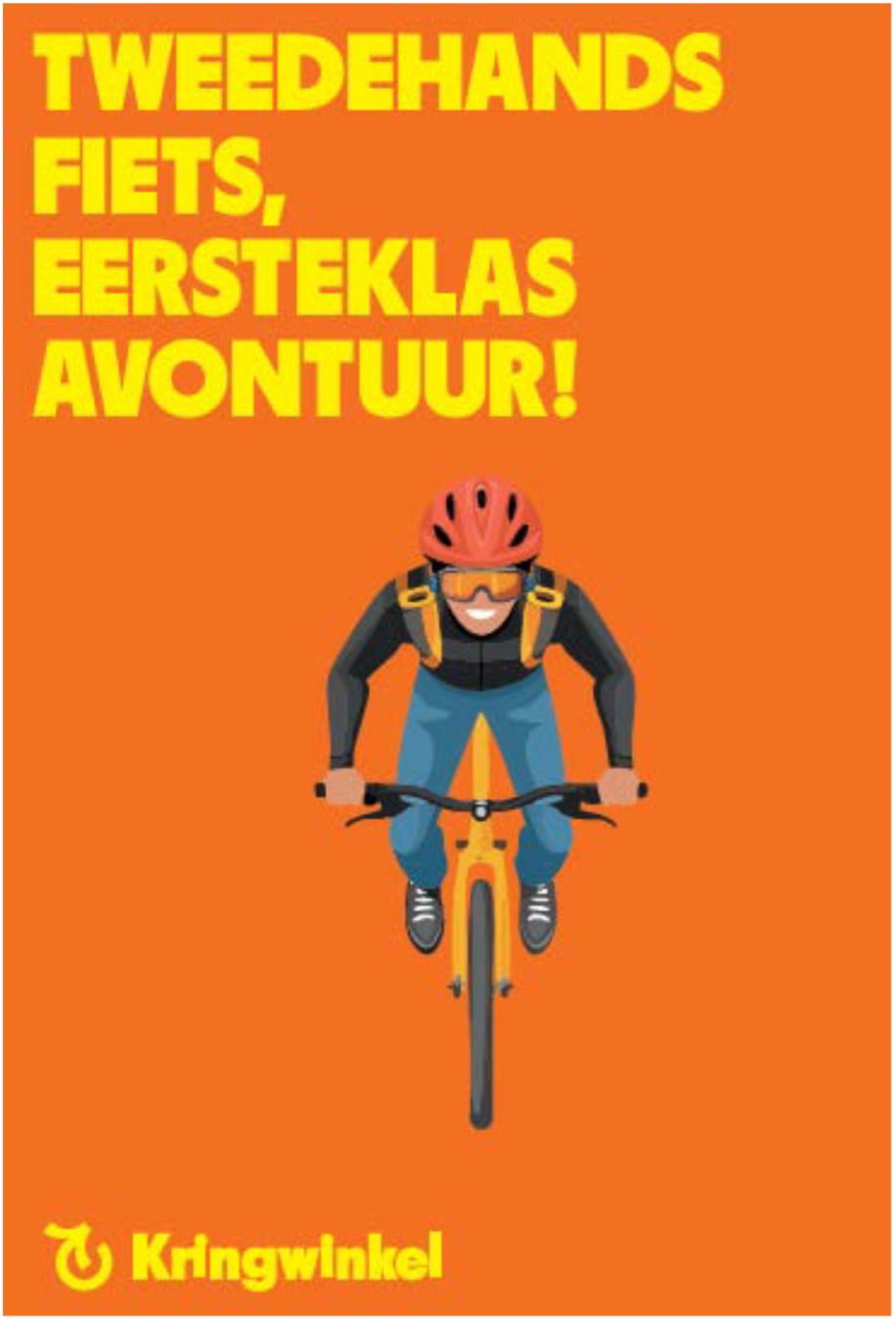Oranje affiche met een fietser en de tekst Tweedehands fiets, eersteklas avontuur.