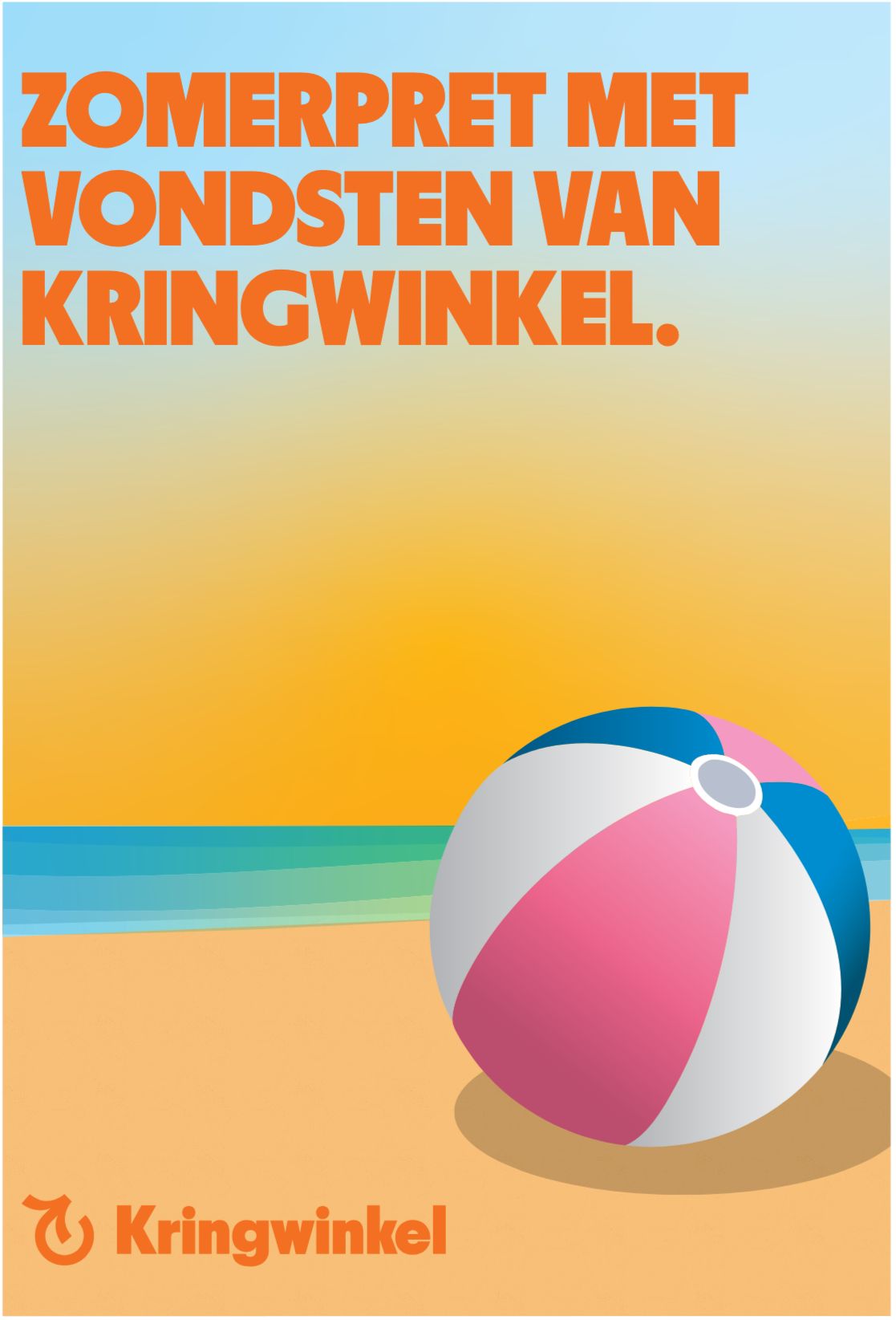 Zomeraffiche met een strandbal op het strand en de tekst Zomerpret met vondsten van Kringwinkel.