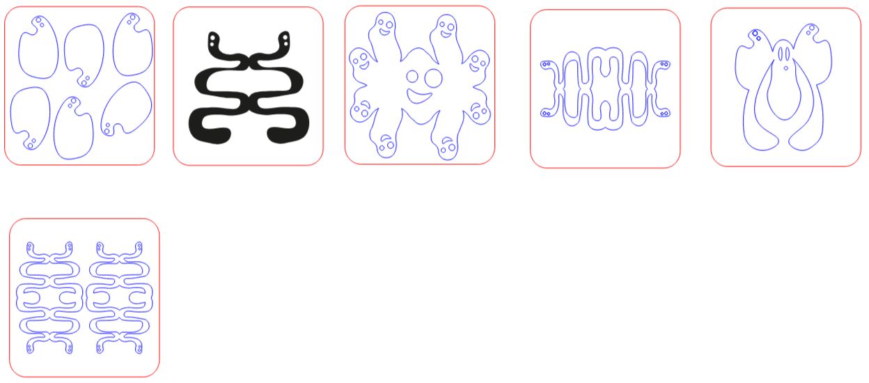 Reeks grafische symbool- en patroonvariaties in lijnvorm.