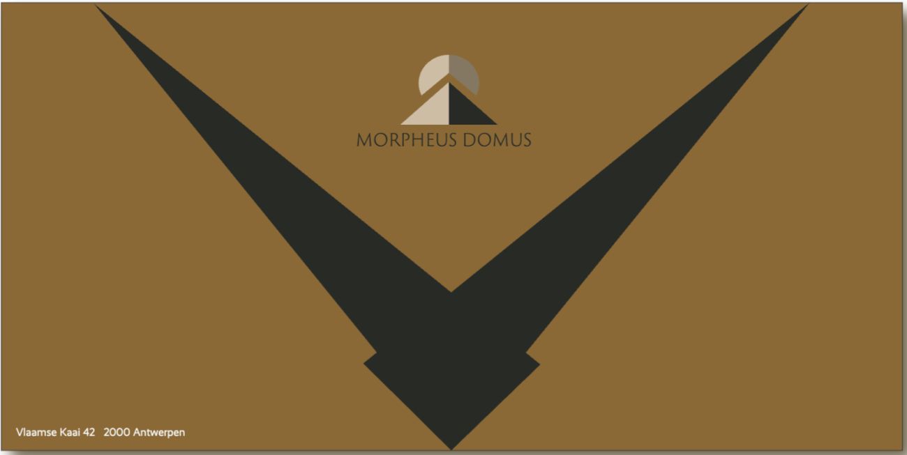 Envelopontwerp in bruin met een grote donkere V-vorm en het logo bovenaan.