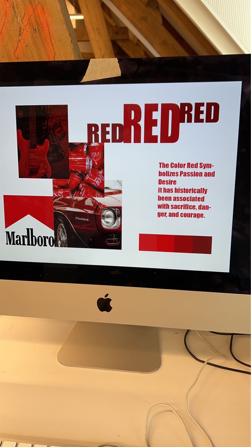 Digital colour study about red on a computer screen, with photographs, the repeated title Red and several shades of red.