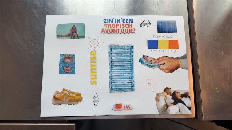 Fysiek moodboard met zomerse beelden, sneakers, water, een kleurenpalet en het woord Sunrise.